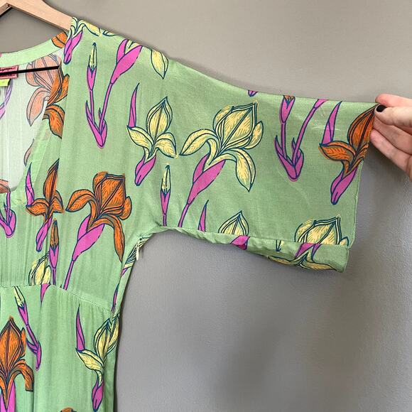 Anthropologie‎ Raina Kimono Dress Size 4 Midi Green Pink Floral Flowy Chic - Picture 12 of 16